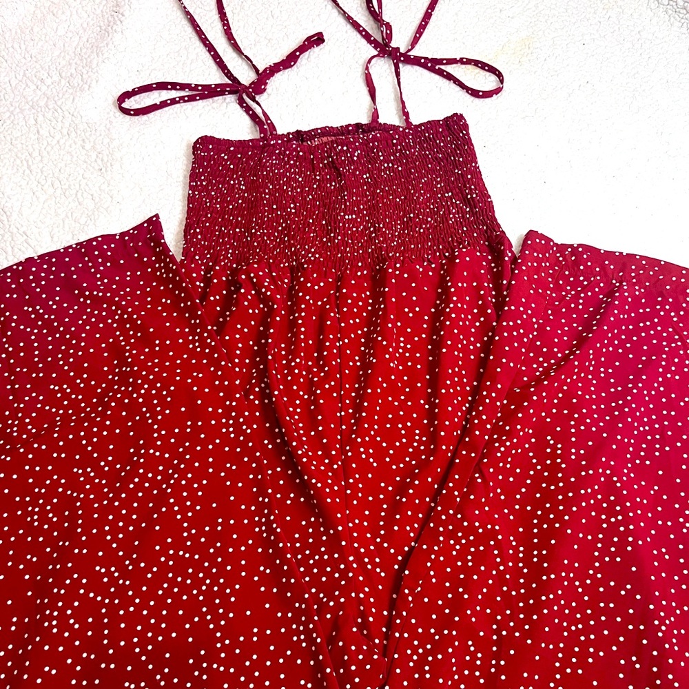 Red and white floral print cami jumpsuit with tie strings